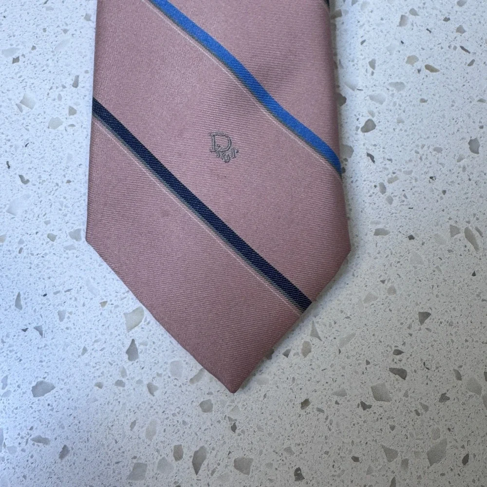 Christian Dior Mens Silk Blend Striped Tie Pink Blue Made in USA Italian Fabric
